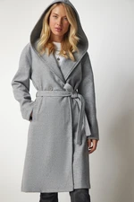 Happiness İstanbul Women's Gray Hooded Belted Cachet Coat