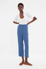 Trendyol Navy Straight/Straight Cut High Waist Woven Trousers with Elastic Waist