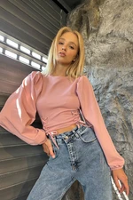 Trend Alaçatı Stili Women's Powder Pink Crew Neck Balloon Sleeve Eyelet Detail Knitted Crop Top