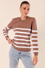 Bigdart 15820 Button Detailed Striped Sweater - Dusty Rose