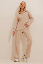 Trend Alaçatı Stili Women's Beige Polo Neck Top and Palazzo Trousers Knitwear Bottom and Top Set