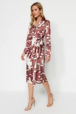 Trendyol Brown Wrapped Midi Woven Tie Detailed Geometric Patterned Woven Dress