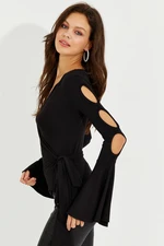 Cool & Sexy Women's Black Spanish Sleeve Double Breasted Blouse