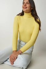 Happiness İstanbul Women's Yellow Turtleneck Basic Corduroy Sweater