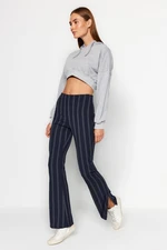 Trendyol Navy Blue High Waist Flare Flare Cuff Woven Striped Trousers