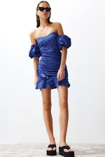 Trendyol Blue Limitowana Edycja Drapowanej Sukienki Mini Popelina