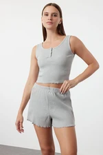 Trendyol Gray Melange Button Detailed Corded Cotton Undershirt-Shorts Knitted Pajama Set