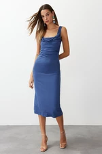 Trendyol Indigo Body-Sitting Degaje Collar Flexible Knitted Midi Pencil Dress