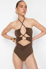Trendyol X Zeynep Tosun Brown Knitted Cut Out/Window Accessory Detailed Shiny Swimsuit