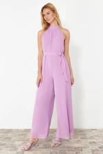 Trendyol Lilac Belted Maxi Chiffon Lined Woven Jumpsuit