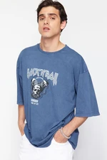 Trendyol Indigo Oversize/Wide Cut Aged/Faded Effect Rock Print 100% Cotton T-Shirt