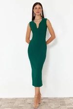 Trendyol Emerald Green, Body-Fitting Shiny Stoned Collar Detailed Woven Elegant Evening Dress