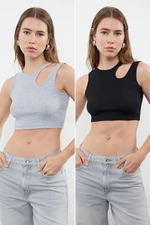 Trendyol Black-gray melange 2-Pack Cut Out Detailed Fitted Crop Ribbed Flexible Knitted Undershirt