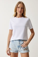 Happiness İstanbul Women's White Crew Neck Basic Knitted T-Shirt