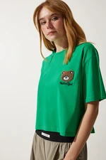 Happiness İstanbul Women's Green Teddy Bear Crest Crop Knitted T-Shirt