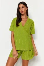 Trendyol Light Green Striped 100% Cotton Viscose Wide Fit T-shirt-Shorts Woven Pajamas Set