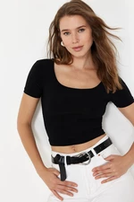 Trendyol Black Pool Neck Backless Fitted Crop Stretchy Knitted Blouse