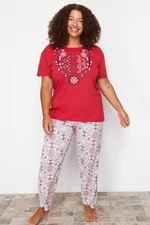 Trendyol Curve Red Geometric Patterned Knitted Pajamas Set