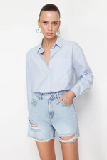 Trendyol Blue Ripped High Waist Denim Shorts