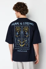 Trendyol Navy Blue Oversize/Wide Cut Mystic Printed 100% T-Shirt