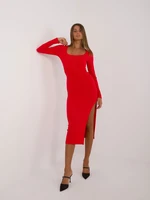 Red fitted midi dress with slit