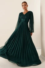 By Saygı Front Back V Neck Balloon Sleeve Pleated Long Tulle Dress