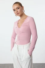 Trendyol Powder Gathering/Drape Detailed V-Neck Fitted Flexible Knitted Blouse