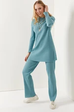 Olalook Women's Mint Green Top Slit Blouse Bottom Palazzo Corduroy Suit