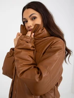 Light brown down jacket in faux leather without hood