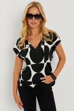 Cool & Sexy Women's Black-Ecru V-Neck Patterned Blouse