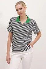 Bigdart Women's Green Polo Collar Zippered Striped T-Shirt 0497