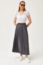 Olalook Anthracite Leather Look Pleat A-Line Skirt