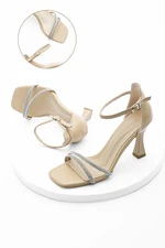 Marjin Women's Evening Dress with Stones Heels and Flat Toe Sapro Beige.