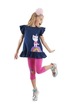 Denokids Navy Blue Pink Unicorn Cat Frilly Girl's Summer T-shirt Tights Set