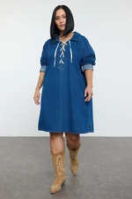 Trendyol Curve Blue Rigid Denim Shirt Collar Lace Up Plus Size Dress