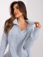 Light blue melange women's sweater with cables