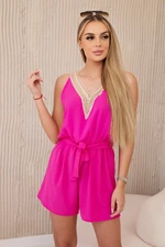 Women's short jumpsuit with decorative lace - pink