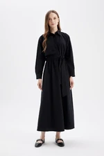 DEFACTO Shirt Collar Basic Plain Buttoned Belted Poplin Long Sleeve Maxi Black Dress