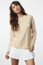 Trendyol Beige 100% Cotton Embroidered Long Sleeve Regular/Normal Cut Basic Knitted T-Shirt