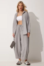 Happiness İstanbul Women's Gray Linen Shirt Shalwar Trousers Suit