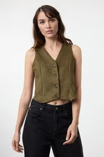 Trendyol Dark Green Fitted Buttoned Suede Crop Woven Vest