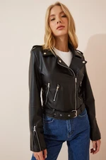 Happiness İstanbul Women's Black Faux Leather Biker Jacket