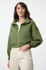 Trendyol Khaki Regular/Normal Pattern Zippered Thick Inside Fleece Knitted Sweatshirt