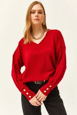 Olalook Women's Red V-Neck Button Detailed Knitwear Sweater