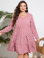 Plus Size V-neck Polka Dot Long Sleeves Dress