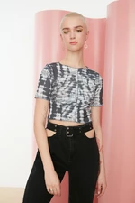 Trendyol Anthracite Tie-Dye Printed Fitted/Skinned Crop Crewneck Flexible Knitted Blouse