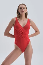 Dagi Red V-Neck Compressing Draped Swimsuit