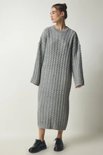 Happiness İstanbul Women's Gray Knit Detailed Thick Oversize Knitwear Dress