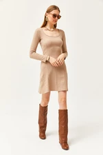 Olalook Women's Camel Pool Neck Pieced Mini Flared Dress