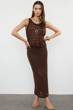 Trendyol Brown Cotton Openwork/Perforated Lined Skirted Knitwear Bottom-Top Set